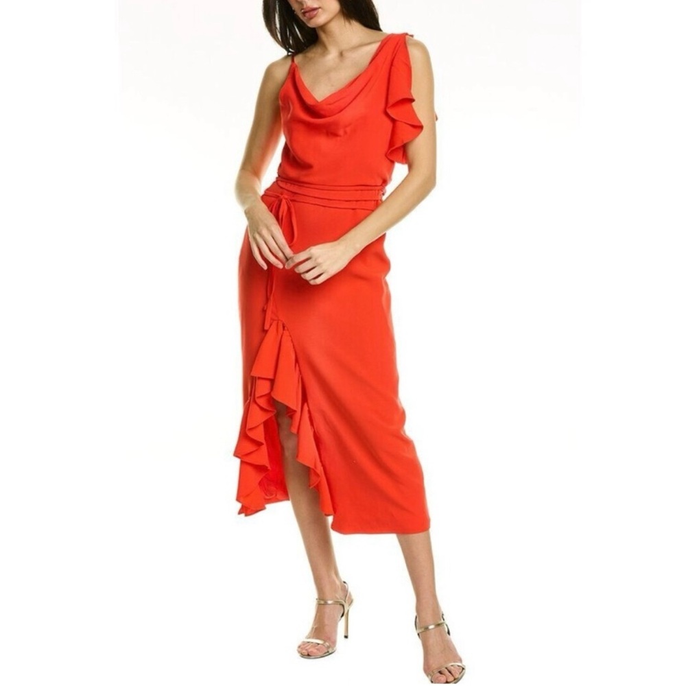 Cinq a Sept Orange Asymmetrical Ruffled Cocktail Dress